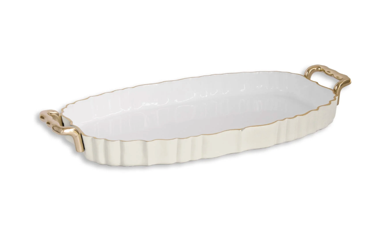 Vintage Fluted Oval Tray with Handles - Cream and White