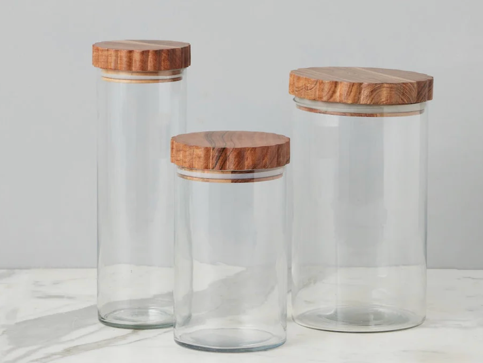 Glass Canisters Scalloped Wood Top - Set of 3