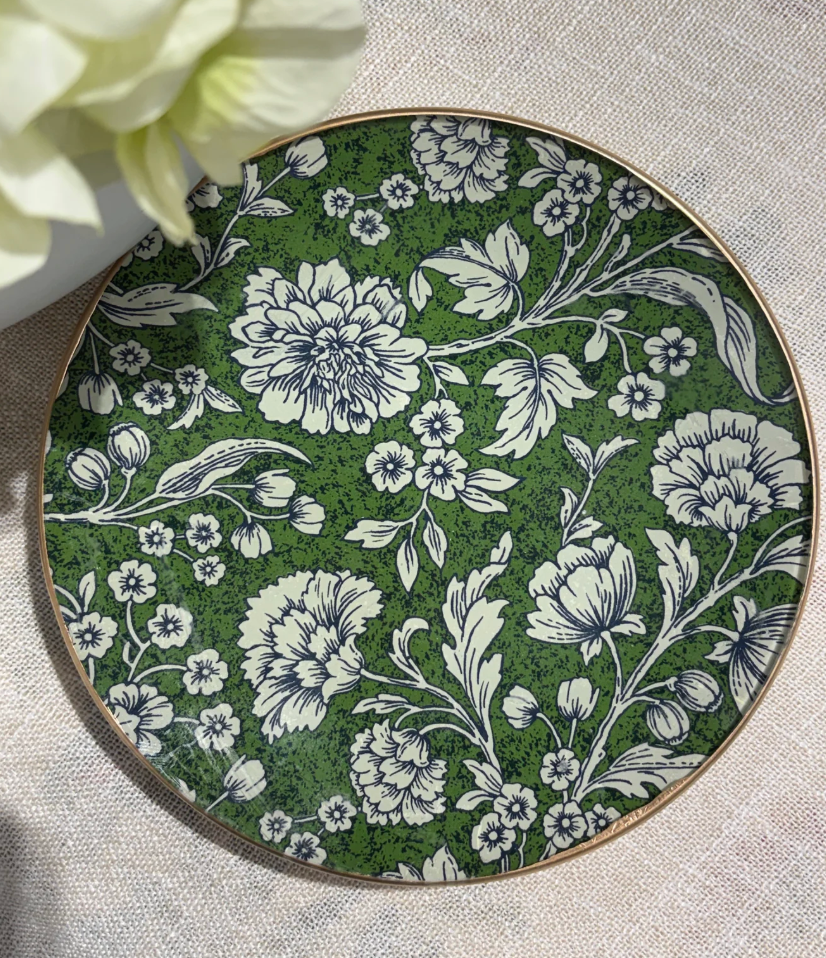 Dark Green Flowers Round Tray