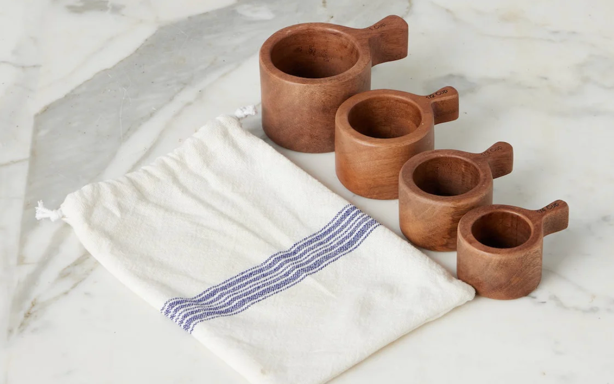 Wood Measuring Cups in Blue Stripe Bag - Set of 4