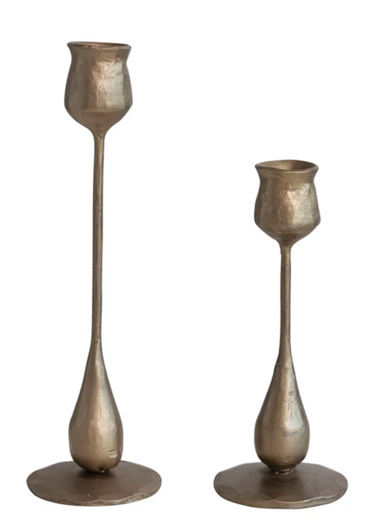 10" Antique Brass Taper Holders, Set of 2