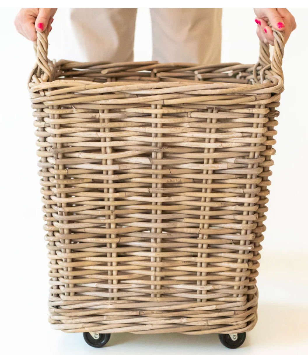 Rattan Storage Basket on Wheels L